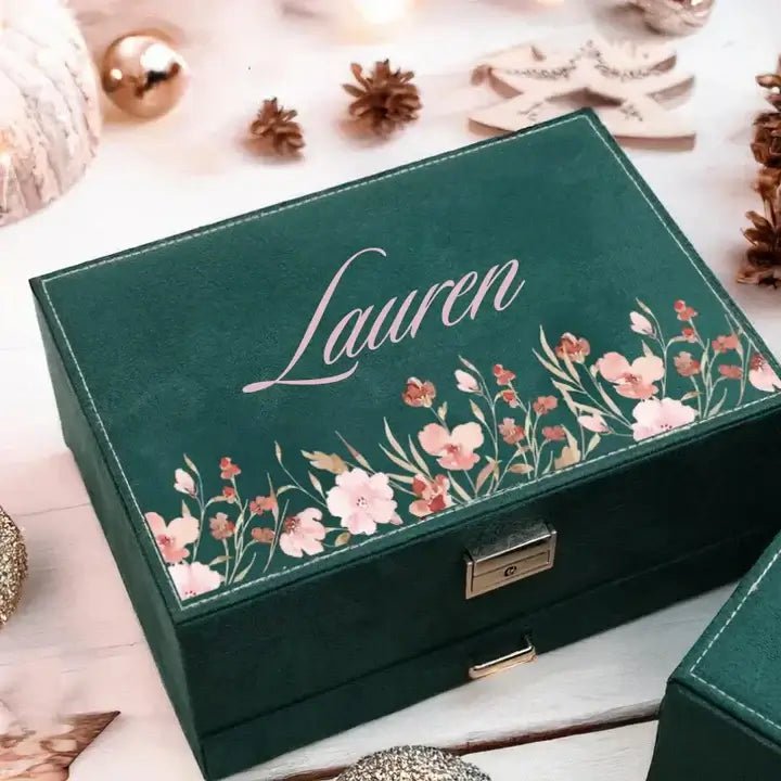 Elegant jewelry organizer with name engraving on floral velvet lid